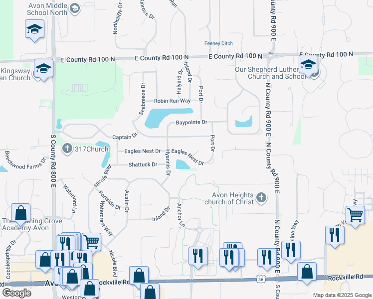 map of restaurants, bars, coffee shops, grocery stores, and more near 8574 Eagles Nest Drive in Avon