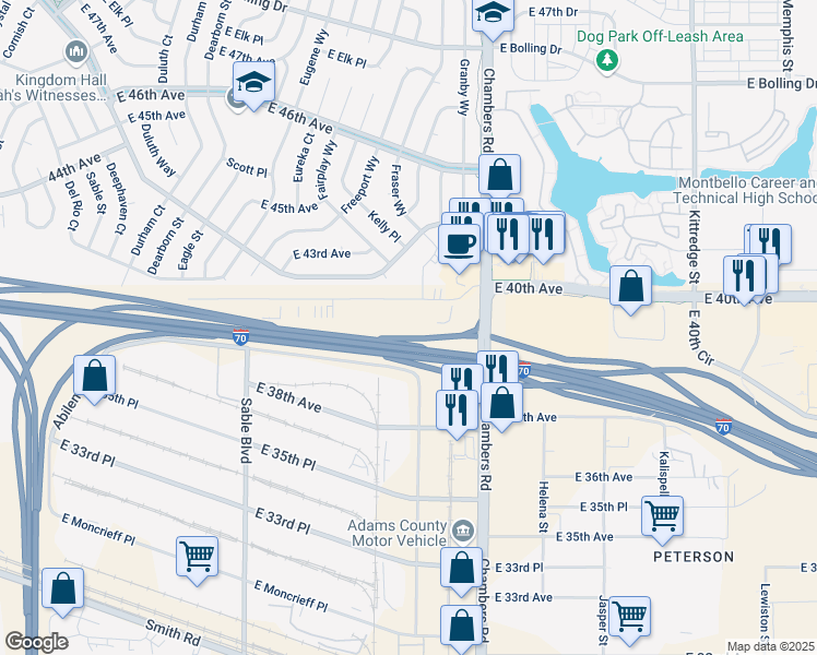 map of restaurants, bars, coffee shops, grocery stores, and more near 15100 East 40th Avenue in Denver