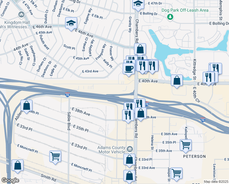map of restaurants, bars, coffee shops, grocery stores, and more near 15100 East 40th Avenue in Denver