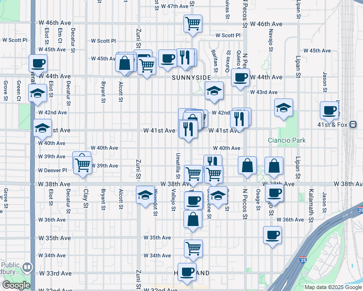 map of restaurants, bars, coffee shops, grocery stores, and more near 4040 Umatilla Street in Denver