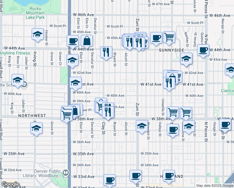 map of restaurants, bars, coffee shops, grocery stores, and more near 4031 Alcott Street in Denver