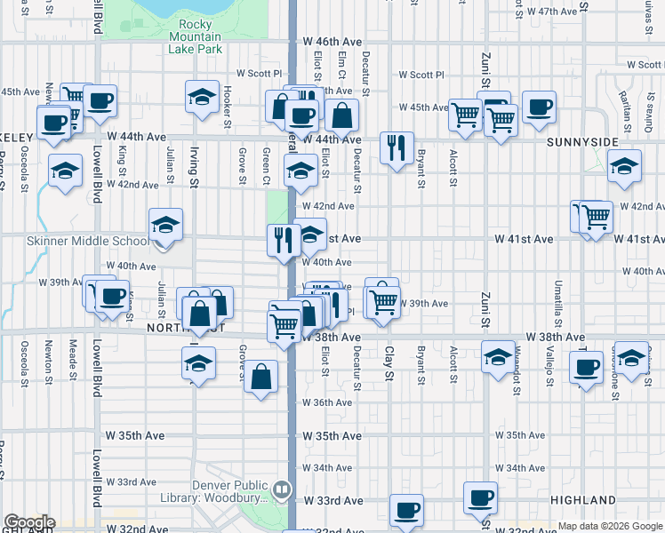 map of restaurants, bars, coffee shops, grocery stores, and more near 4030 Federal Boulevard in Denver