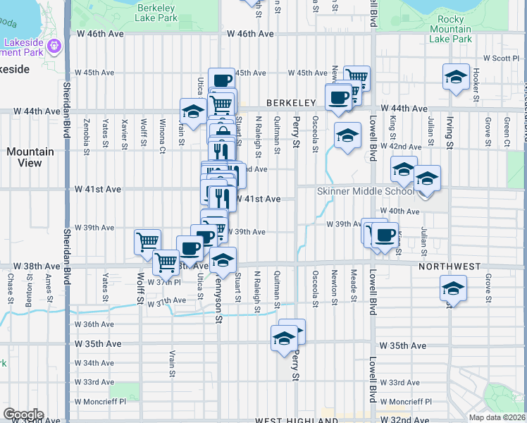 map of restaurants, bars, coffee shops, grocery stores, and more near 4215 West 41st Avenue in Denver