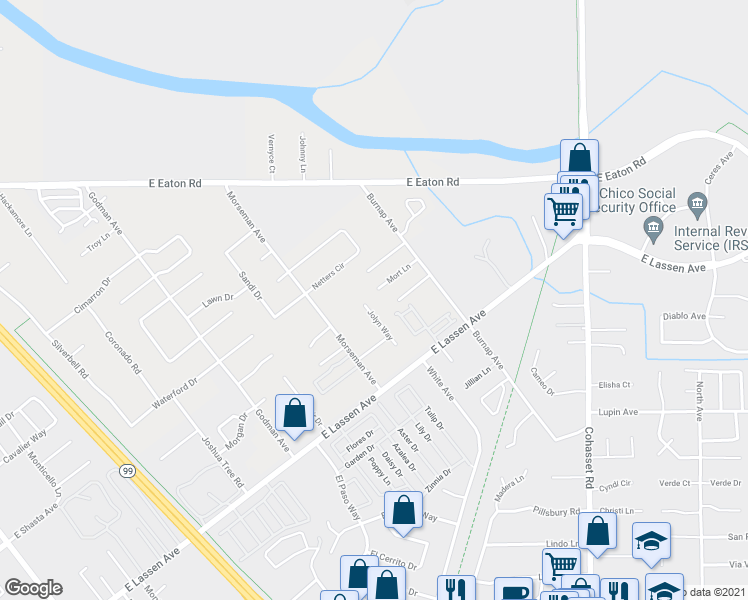 map of restaurants, bars, coffee shops, grocery stores, and more near 956 Mort Lane in Chico