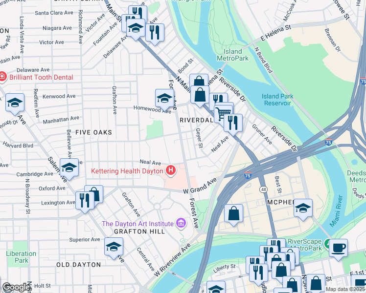 map of restaurants, bars, coffee shops, grocery stores, and more near 453 Brightwood Avenue in Dayton