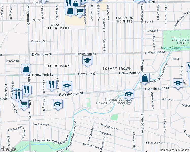 map of restaurants, bars, coffee shops, grocery stores, and more near 307 North Drexel Avenue in Indianapolis