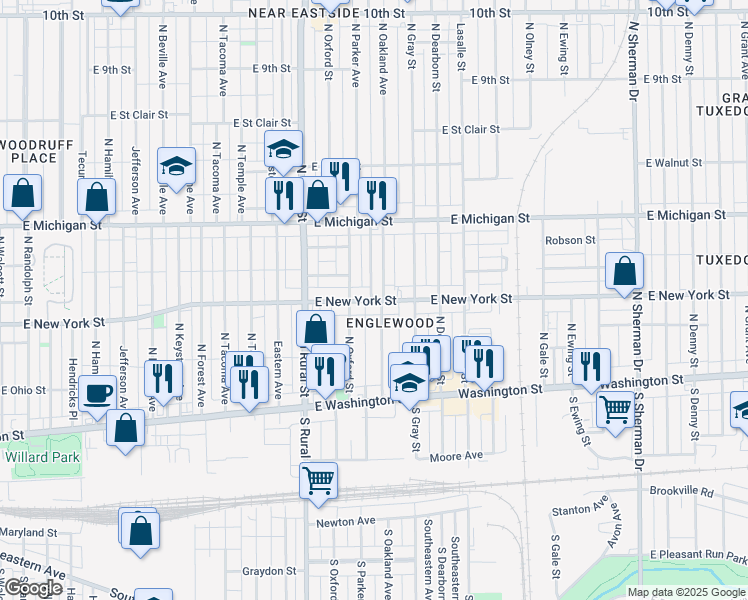 map of restaurants, bars, coffee shops, grocery stores, and more near 320 North Oakland Avenue in Indianapolis