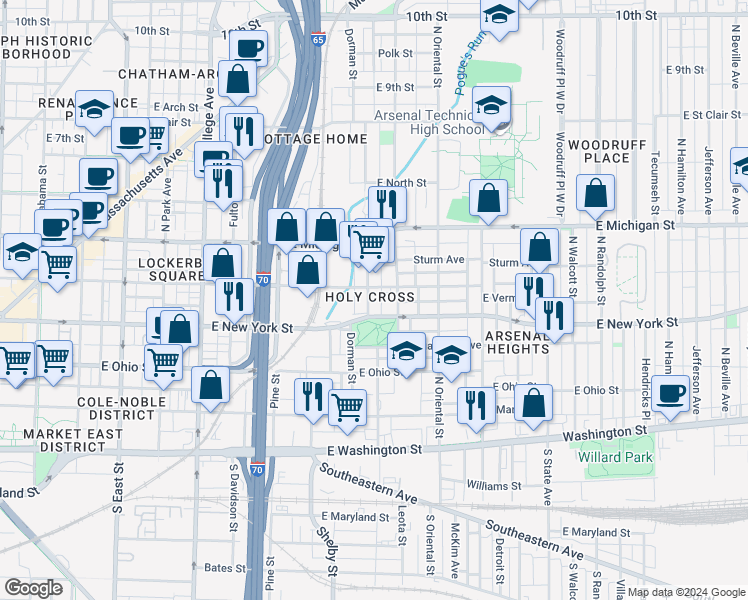 map of restaurants, bars, coffee shops, grocery stores, and more near 406 North Highland Avenue in Indianapolis