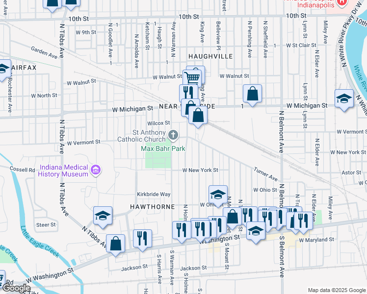 map of restaurants, bars, coffee shops, grocery stores, and more near 375 North Holmes Avenue in Indianapolis