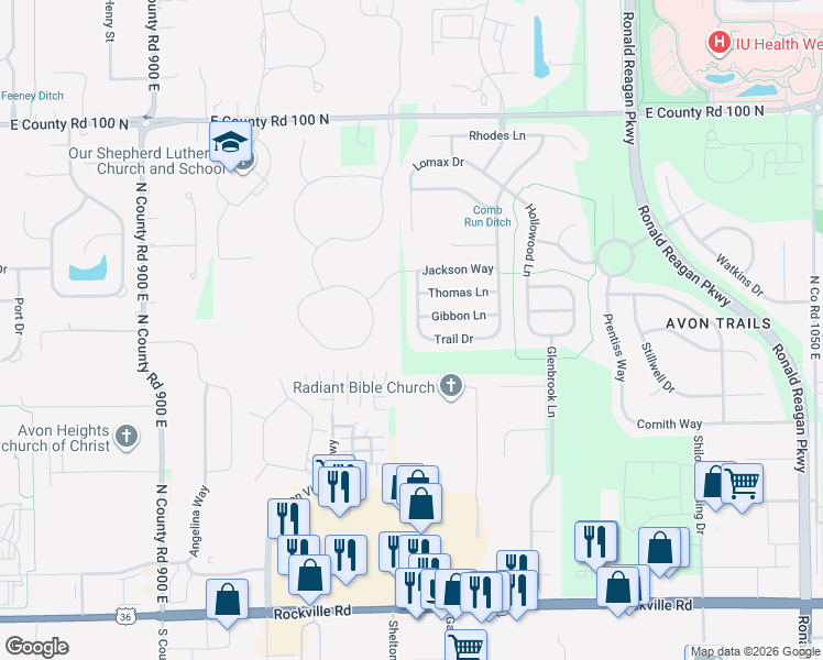 map of restaurants, bars, coffee shops, grocery stores, and more near 574 Springtree Lane in Avon
