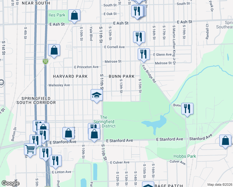 map of restaurants, bars, coffee shops, grocery stores, and more near 2445 South 13th Street in Springfield