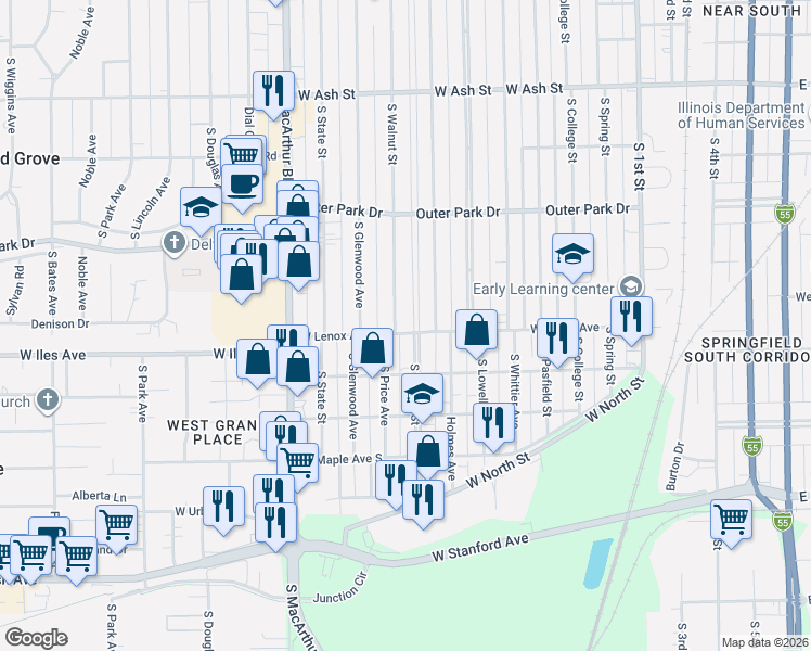 map of restaurants, bars, coffee shops, grocery stores, and more near 2300-2598 S Walnut St in Springfield