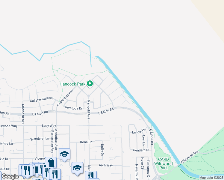 map of restaurants, bars, coffee shops, grocery stores, and more near 2 Beacham Loop in Chico