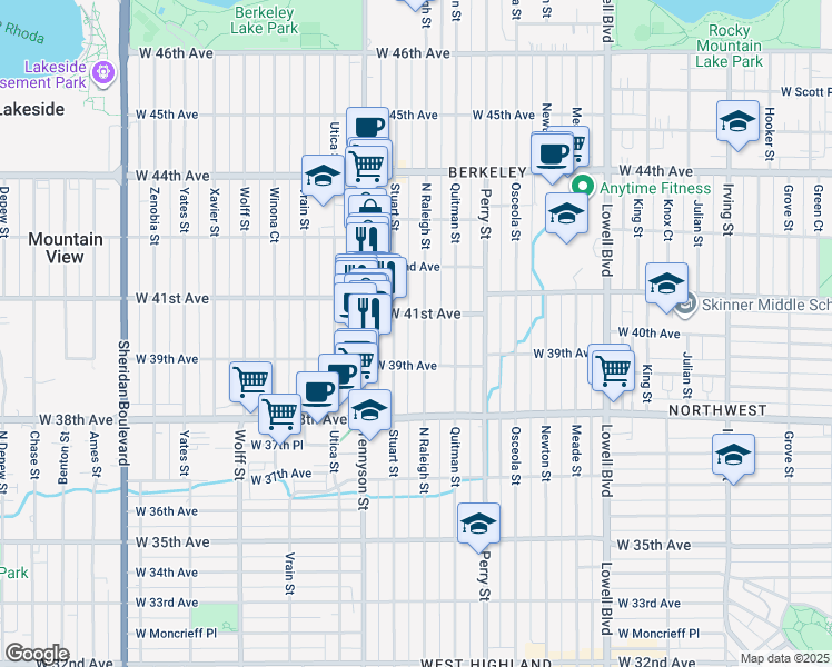 map of restaurants, bars, coffee shops, grocery stores, and more near 4011 Raleigh Street in Denver