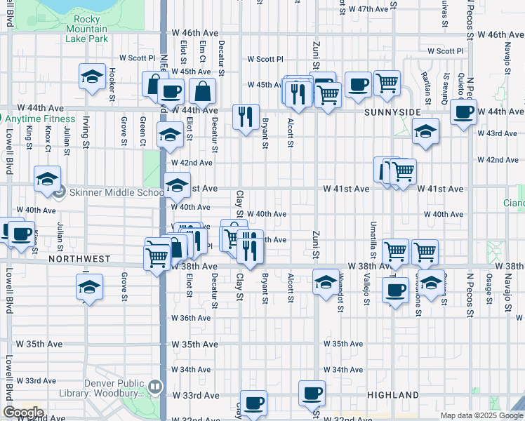 map of restaurants, bars, coffee shops, grocery stores, and more near 4039 Bryant Street in Denver