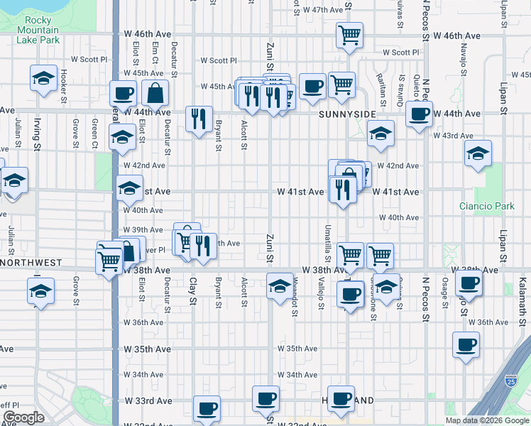 map of restaurants, bars, coffee shops, grocery stores, and more near 4001 Zuni Street in Denver