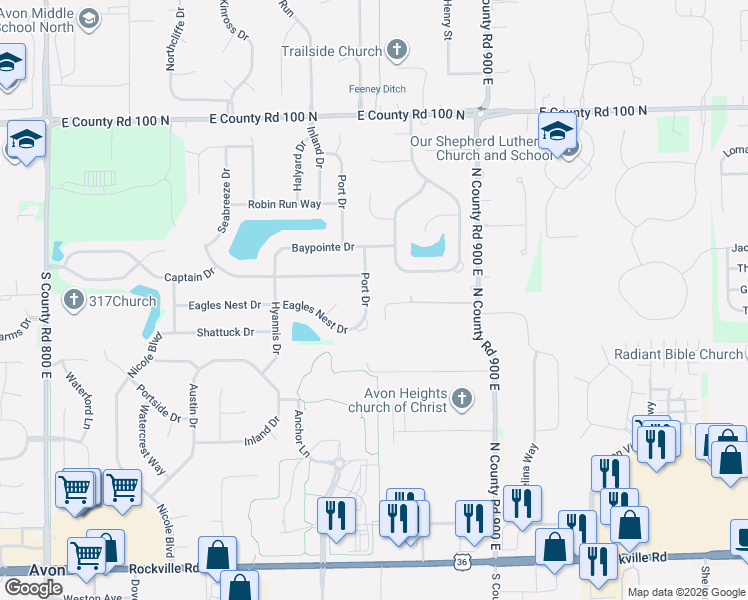 map of restaurants, bars, coffee shops, grocery stores, and more near 629 Port Drive in Avon