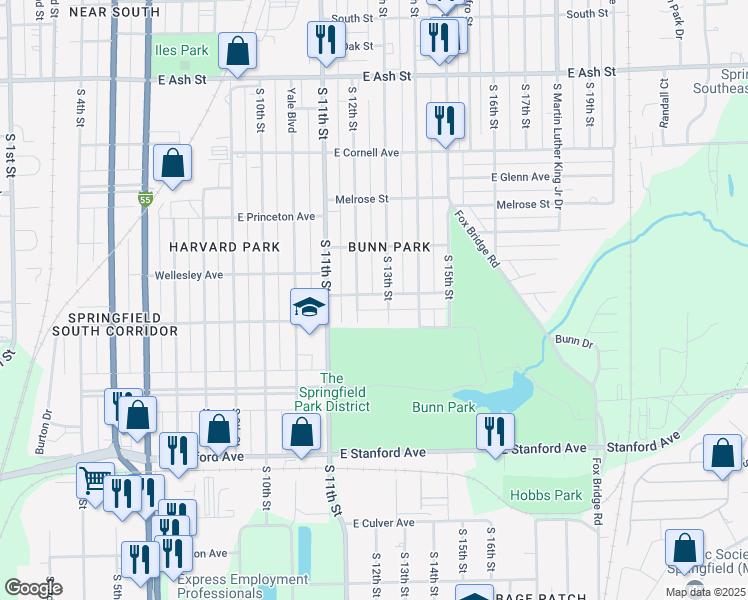 map of restaurants, bars, coffee shops, grocery stores, and more near 1218 East Lenox Avenue in Springfield