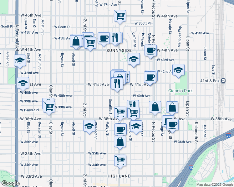 map of restaurants, bars, coffee shops, grocery stores, and more near 4040 Umatilla Street in Denver