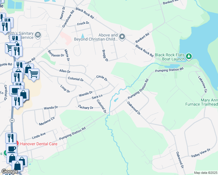 map of restaurants, bars, coffee shops, grocery stores, and more near 1186 Wanda Drive in Hanover