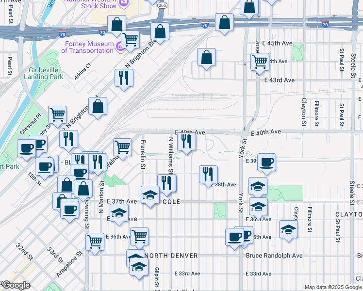 map of restaurants, bars, coffee shops, grocery stores, and more near in Denver