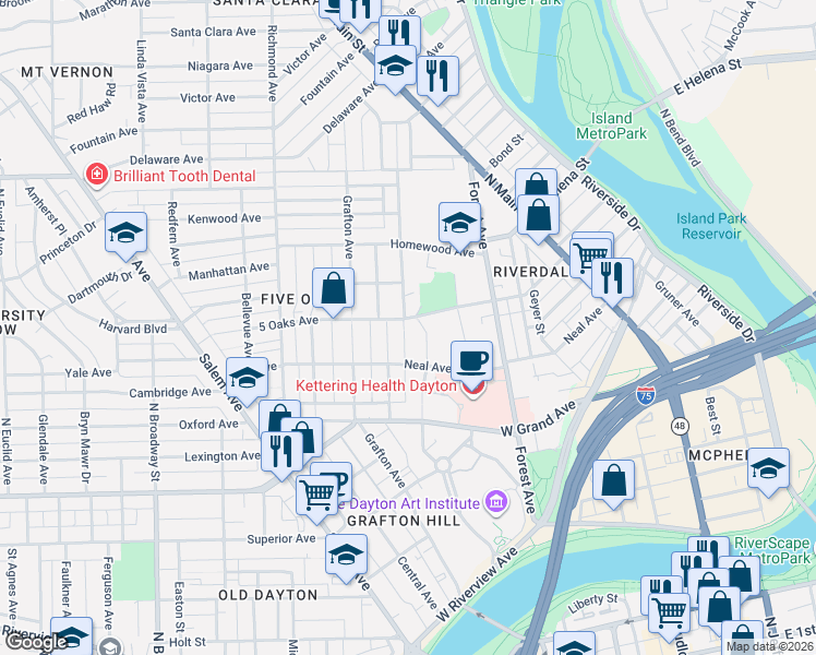 map of restaurants, bars, coffee shops, grocery stores, and more near 909 Old Orchard Avenue in Dayton