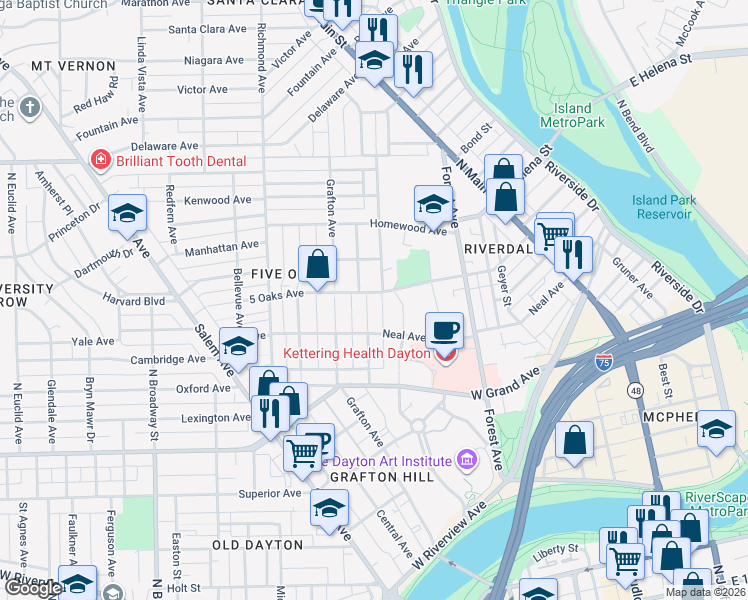 map of restaurants, bars, coffee shops, grocery stores, and more near 909 Old Orchard Avenue in Dayton
