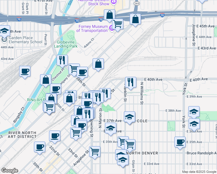 map of restaurants, bars, coffee shops, grocery stores, and more near 3901 Blake Street in Denver