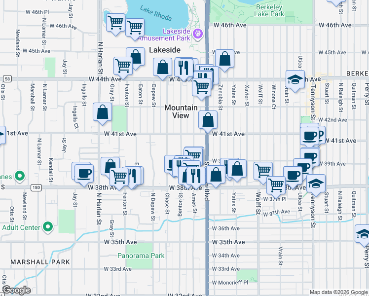 map of restaurants, bars, coffee shops, grocery stores, and more near 4050 Benton Street in Wheat Ridge