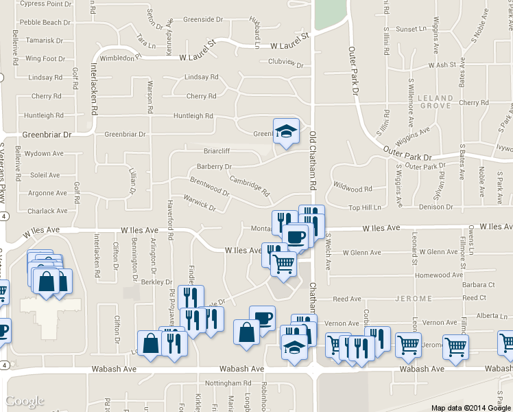 map of restaurants, bars, coffee shops, grocery stores, and more near 2039 Brentwood Drive in Springfield