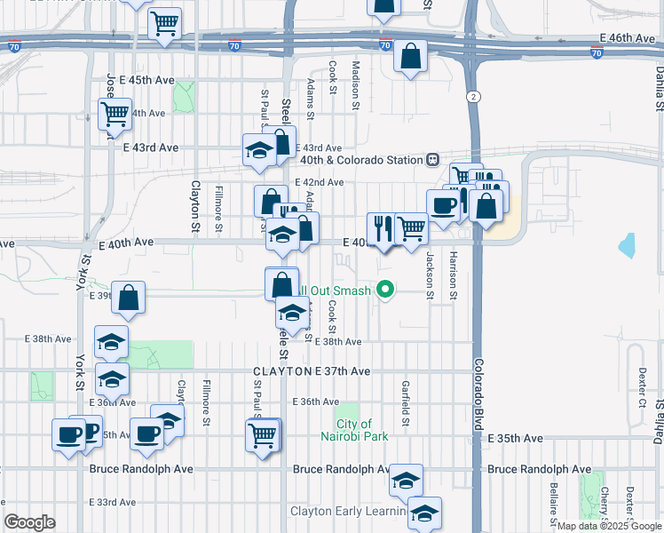 map of restaurants, bars, coffee shops, grocery stores, and more near 3973 Cook Street in Denver