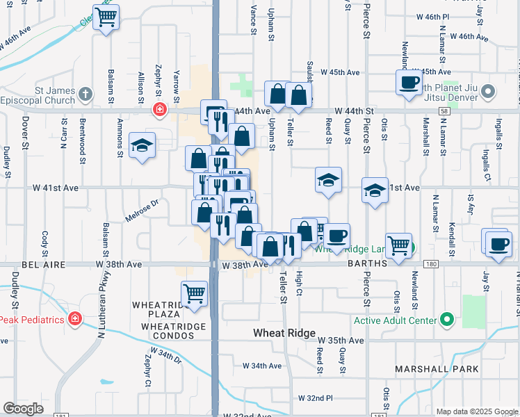 map of restaurants, bars, coffee shops, grocery stores, and more near 4057 Upham Street in Wheat Ridge