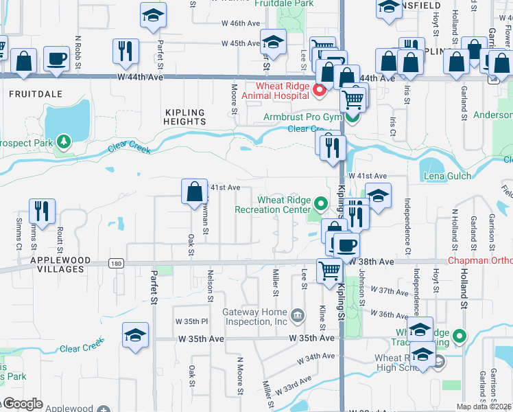 map of restaurants, bars, coffee shops, grocery stores, and more near 4045 Miller Court in Wheat Ridge