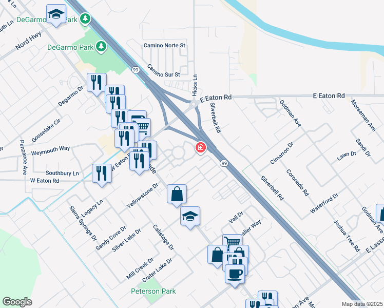 map of restaurants, bars, coffee shops, grocery stores, and more near 95 Declaration Drive in Chico