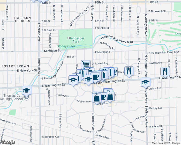 map of restaurants, bars, coffee shops, grocery stores, and more near 61 North Whittier Place in Indianapolis