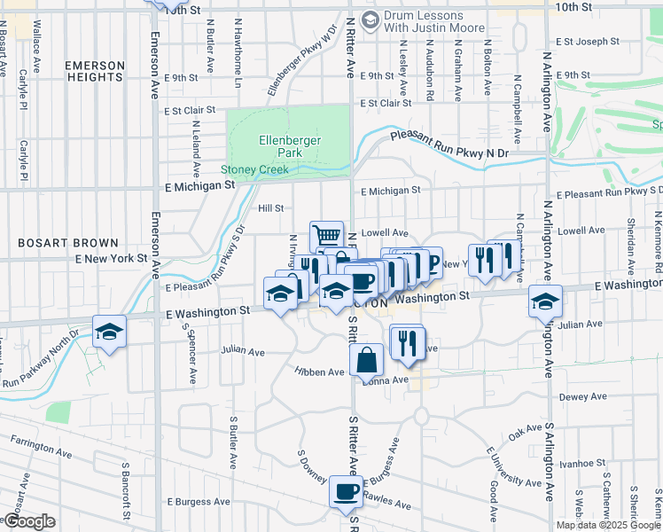 map of restaurants, bars, coffee shops, grocery stores, and more near 61 North Whittier Place in Indianapolis