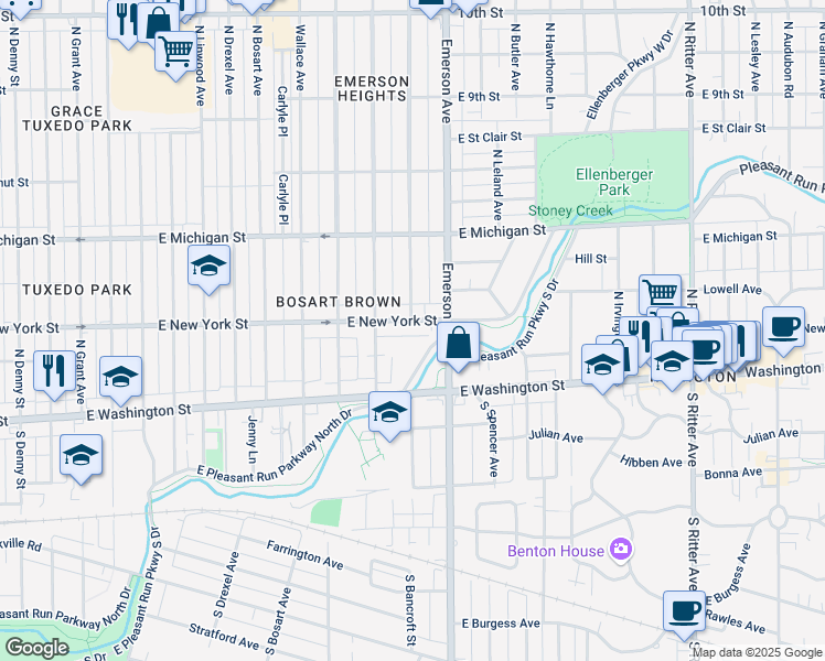map of restaurants, bars, coffee shops, grocery stores, and more near 5024 East New York Street in Indianapolis