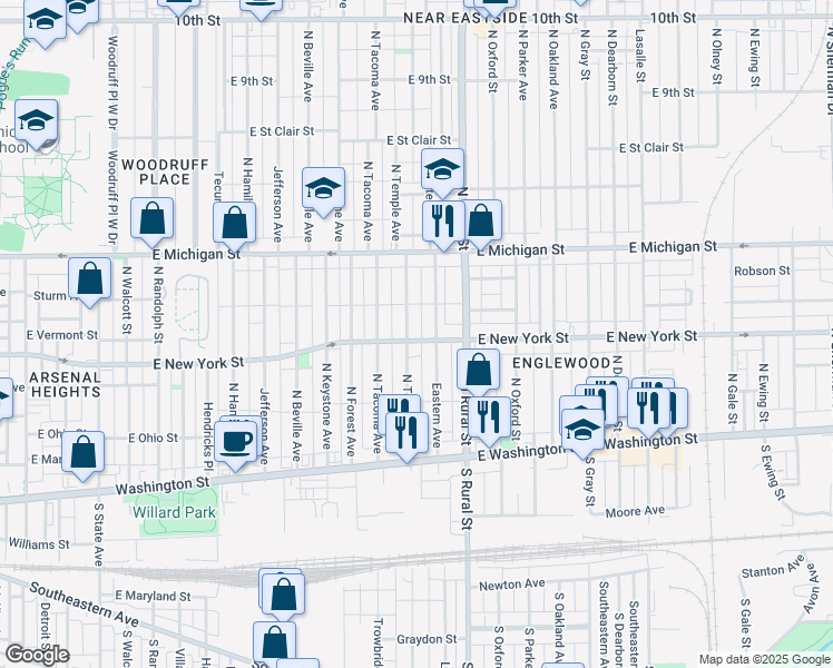 map of restaurants, bars, coffee shops, grocery stores, and more near 326 Eastern Avenue in Indianapolis