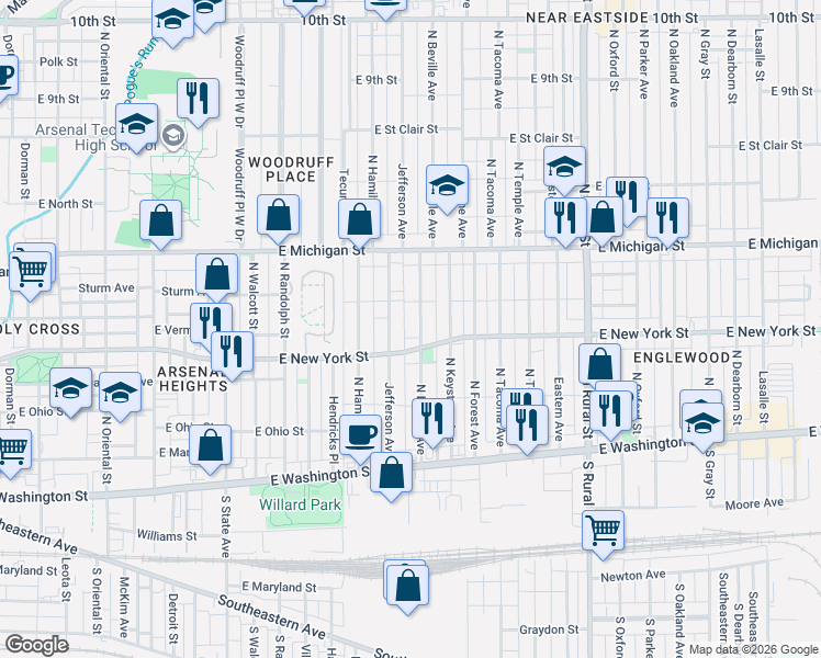 map of restaurants, bars, coffee shops, grocery stores, and more near 349 Jefferson Avenue in Indianapolis