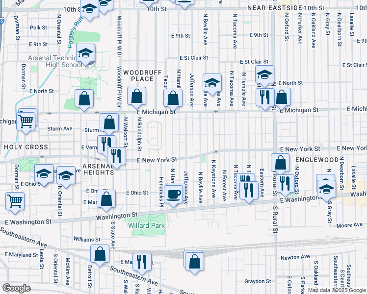 map of restaurants, bars, coffee shops, grocery stores, and more near 349 Jefferson Avenue in Indianapolis