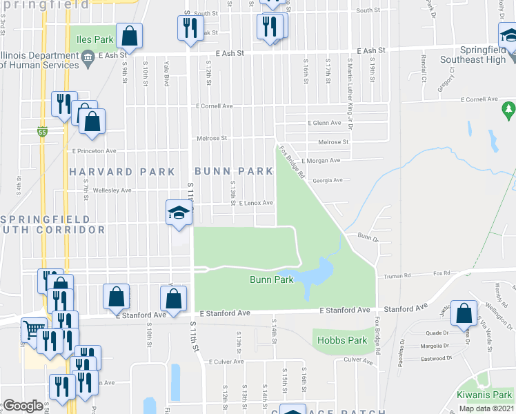 map of restaurants, bars, coffee shops, grocery stores, and more near 2425 South 14th Street in Springfield