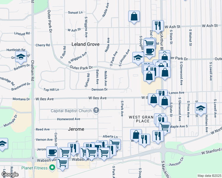 map of restaurants, bars, coffee shops, grocery stores, and more near 1499 Denison Drive in Springfield