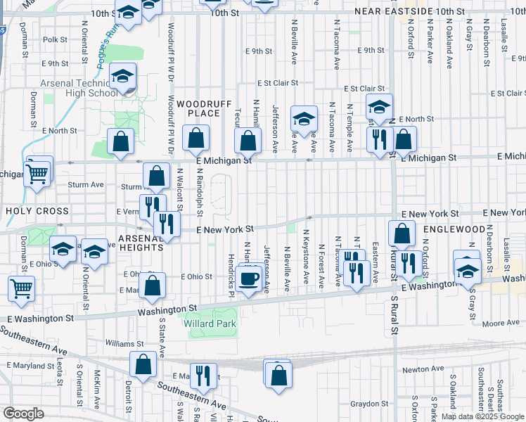 map of restaurants, bars, coffee shops, grocery stores, and more near 349 Jefferson Avenue in Indianapolis