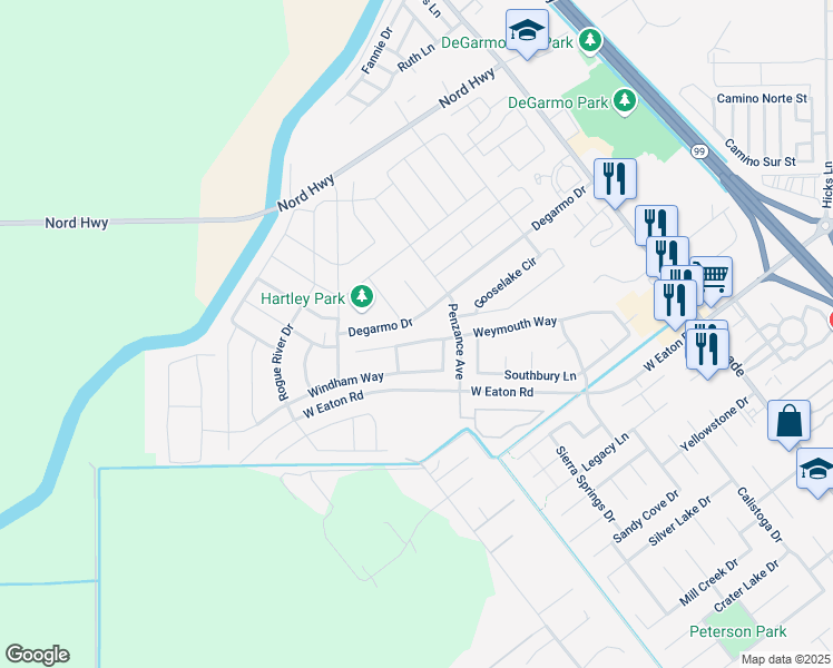 map of restaurants, bars, coffee shops, grocery stores, and more near 426 Weymouth Way in Chico