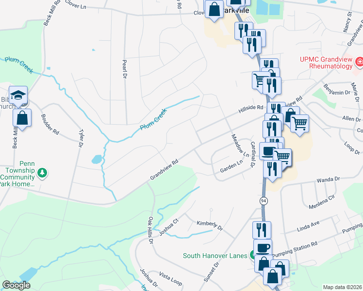 map of restaurants, bars, coffee shops, grocery stores, and more near 4495 Grandview Road in Hanover