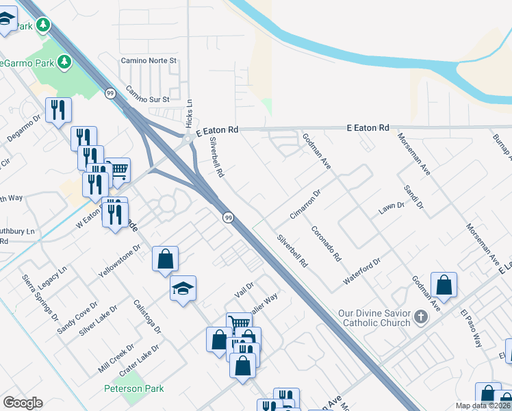 map of restaurants, bars, coffee shops, grocery stores, and more near 3269 Rockin M Drive in Chico