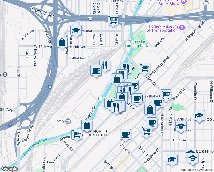 map of restaurants, bars, coffee shops, grocery stores, and more near 3461 Ringsby Court in Denver