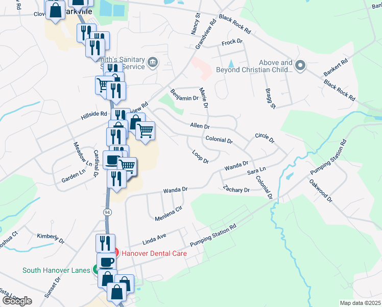 map of restaurants, bars, coffee shops, grocery stores, and more near 9 Loop Drive in Hanover