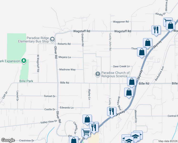 map of restaurants, bars, coffee shops, grocery stores, and more near 6264 Graham Road in Paradise
