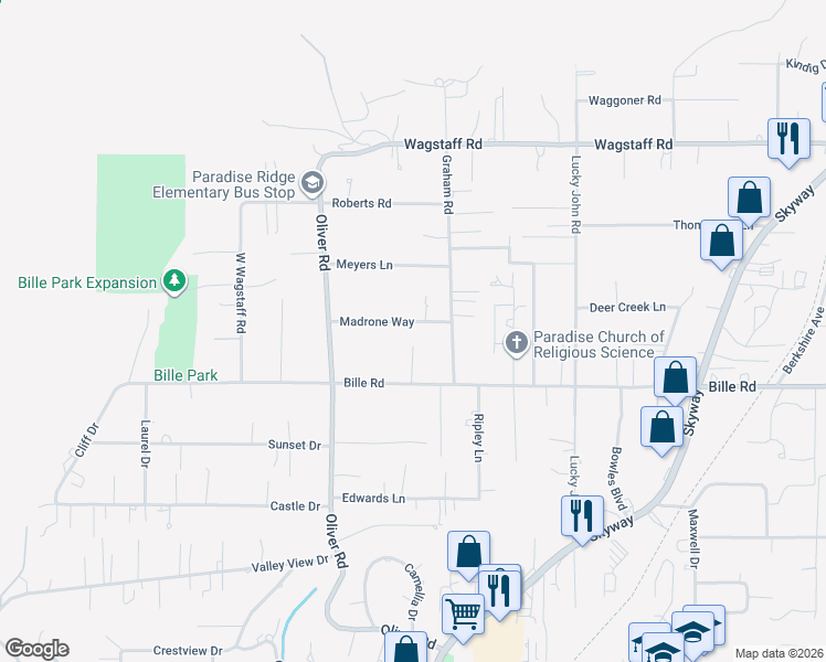 map of restaurants, bars, coffee shops, grocery stores, and more near 722 Madrone Way in Paradise